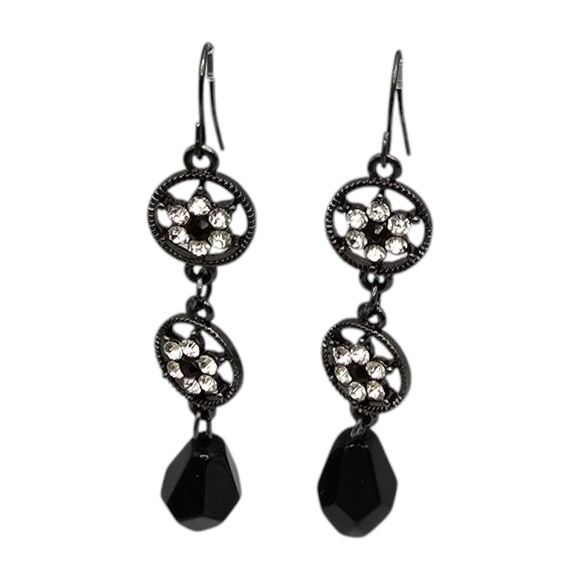 Pierced Earrings Ornate Disc Clear Rhinestones Flower Star Design Black Beads - Picture 1 of 4